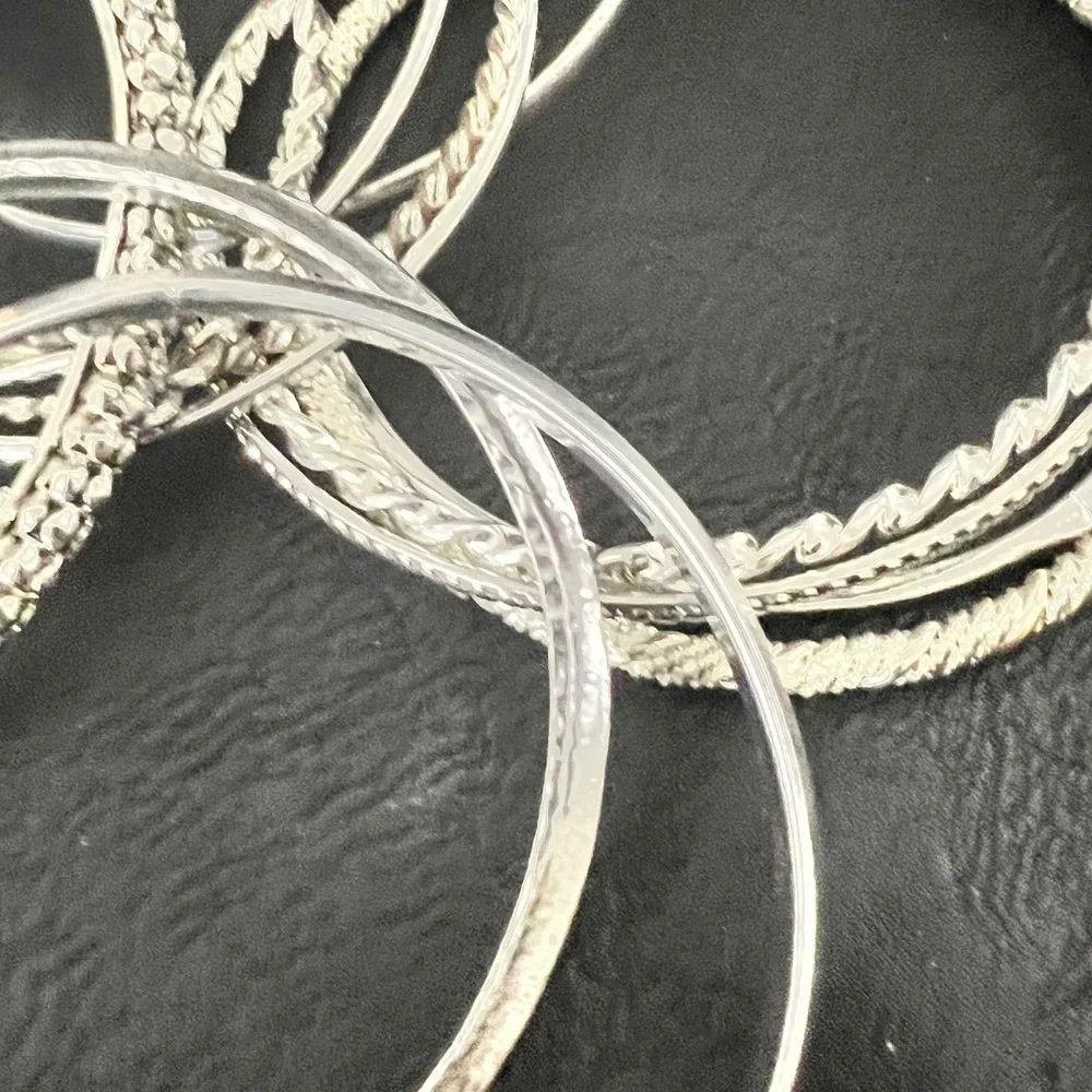 12 Vintage-Now Silver Tone‎ Textured Stackable Bangle Bracelet Set  7-8 Indie